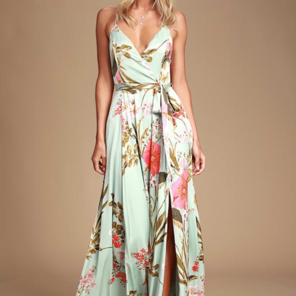 Lulus Still The One Sage Green Floral Print Satin Maxi Dress